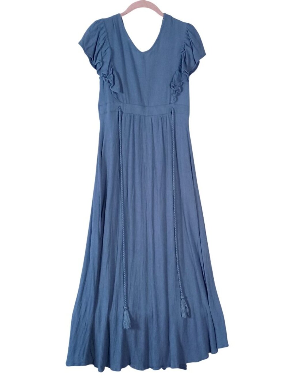 Baltic Born Jennifer Blue Maxi Dress Womens Sz S Deep V Flutter Sleeve Lace Slit - Picture 6 of 10